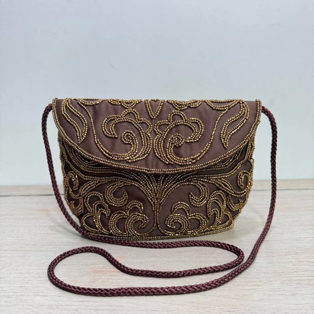 Vintage Walbaeg Beaded Brown Satin Evening Bag Dressy Formal Purse Crossbody